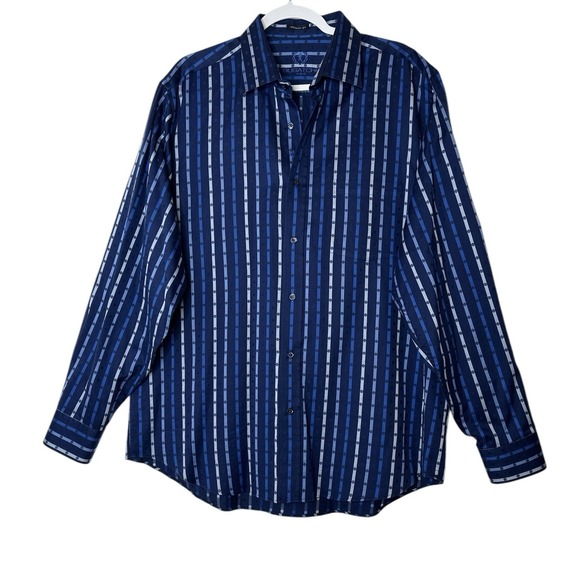 Bugatchi Shirt Mens XL Blue Striped Baroque Paisley Classic Fit Button Up Preppy - Picture 1 of 11